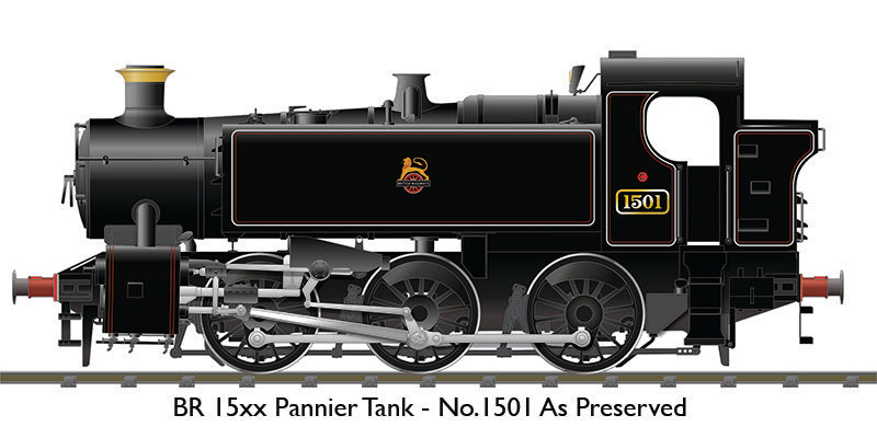 BR 15xx Pannier Tank - 1501 Lined Black Early Crest (as preserved) OO Gauge Rapido 904005