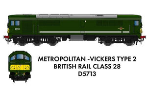 PRE ORDER - Class 28 D5713 BR Green With Small Yellow Panel (Large Radius Corners) N Gauge Rapido 905003